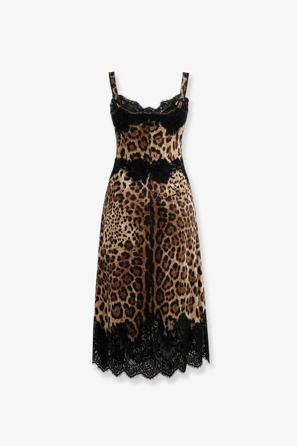 Dolce &amp; Gabbana women’s leopard print satin midi dress with black lace trim at neckline waistband and hemline