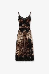 Dolce &amp; Gabbana women’s leopard-print satin midi lingerie dress with black lace trim and spaghetti straps