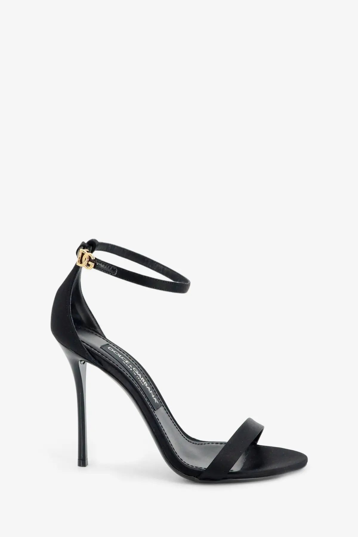 Dolce &amp; Gabbana women’s black satin strap sandal with gold-tone dg logo clasp and slender high heel