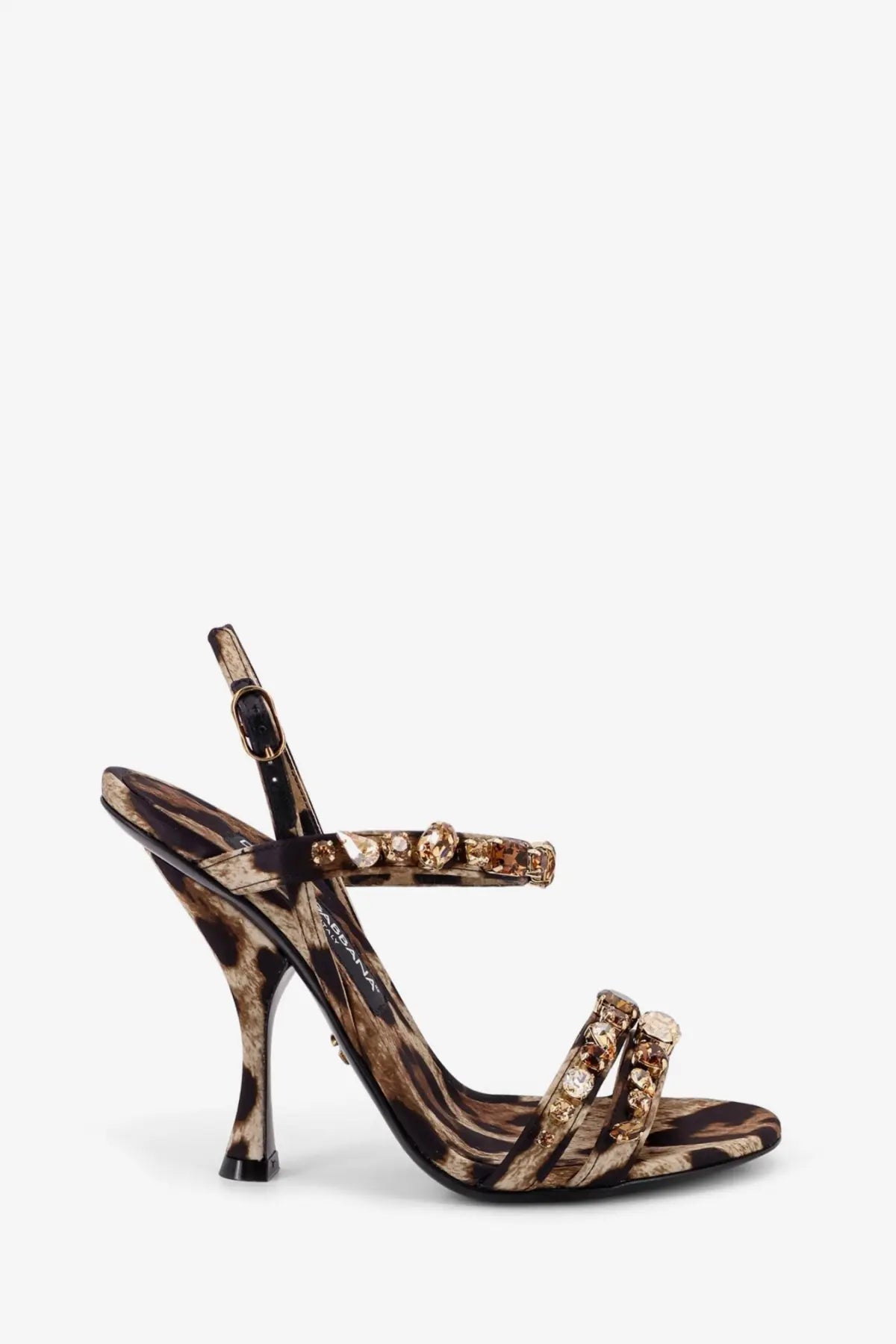 Dolce &amp; Gabbana women’s leopard-print satin sandals with crystal embellishments and high stiletto heel