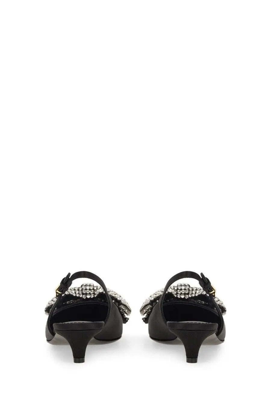 Dolce &amp; gabbana women’s black satin sling back mules with sparkling crystal embellished bow visible from the back