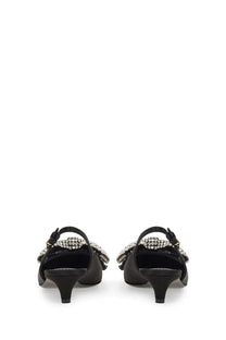 Dolce &amp; gabbana women’s black satin sling back mules with sparkling crystal embellished bow visible from the back