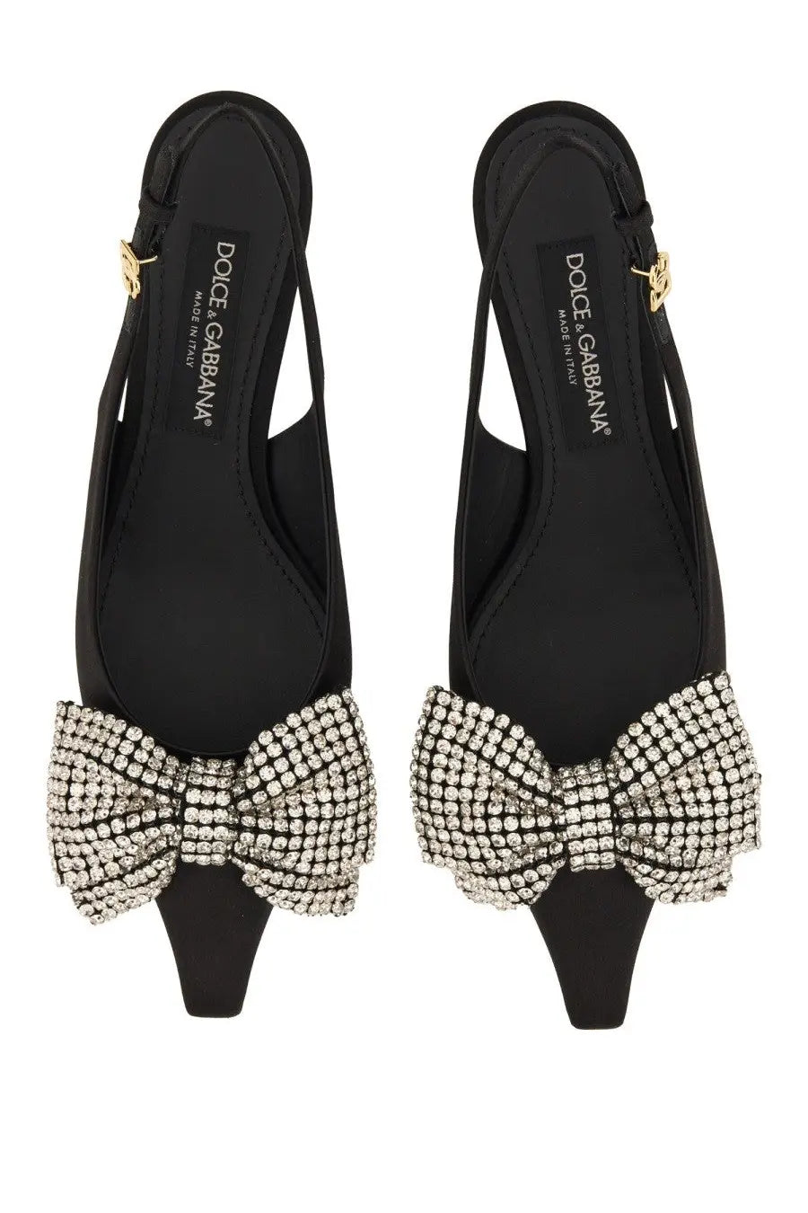 Dolce &amp; Gabbana women’s black satin slingback heels with a sparkling crystal bow at the toe