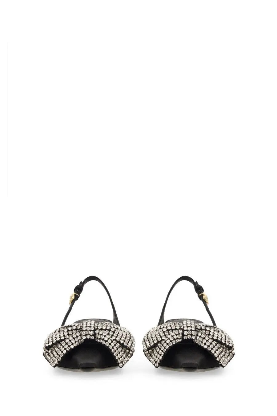 Dolce &amp; Gabbana women’s black satin slingback flats with a crystal-encrusted bow at the toe