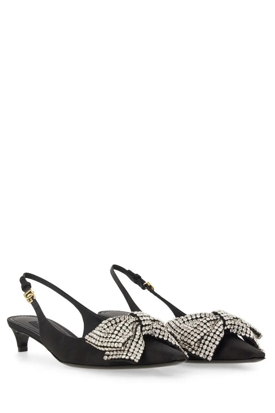 Dolce and Gabbana women’s black satin slingback heels with a large sparkling crystal bow at the toe