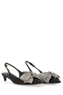 Dolce and Gabbana women’s black satin slingback heels with a large sparkling crystal bow at the toe