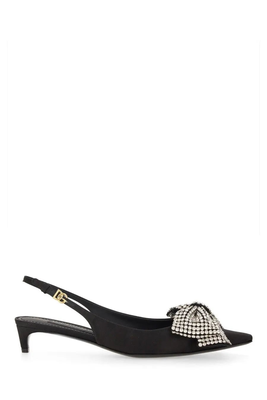 Dolce &amp; Gabbana women’s black satin slingback pump with a sparkling crystal bow at the toe