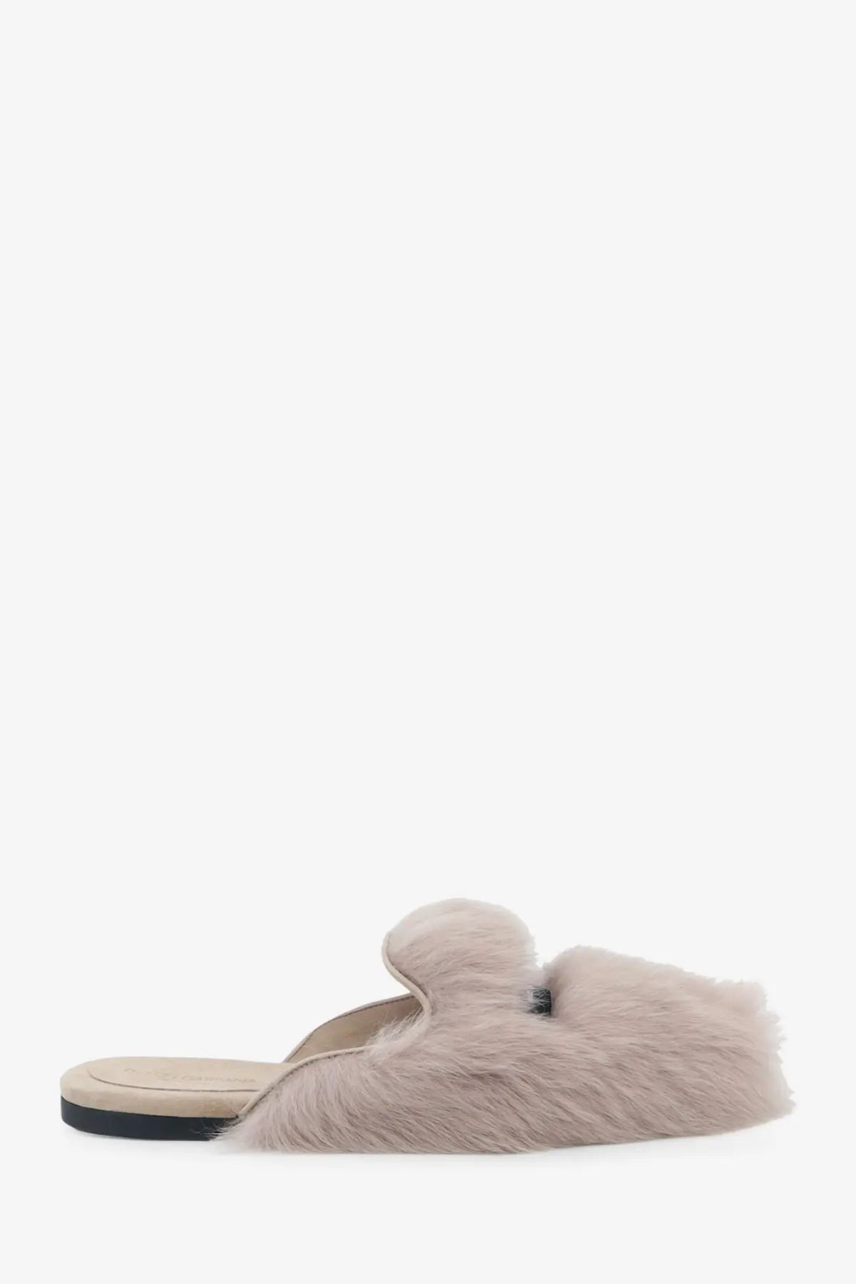Dolce &amp; Gabbana women’s beige faux fur mule slip-on sandals with plush texture and sleek black sole in grey sheepskin and suede