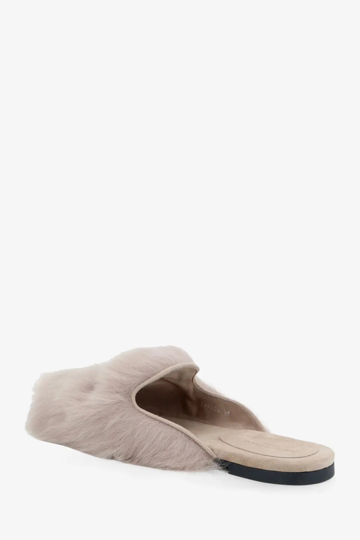 Dolce &amp; Gabbana women’s beige faux fur mule slip-on sandals with suede interior and black rubber sole