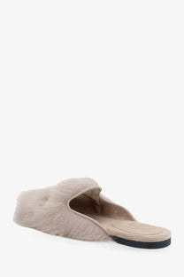 Dolce &amp; Gabbana women’s beige faux fur mule slip-on sandals with suede interior and black rubber sole