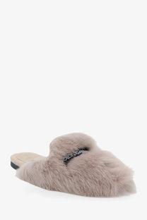 Dolce &amp; gabbana women’s grey sheepskin and suede slipper with soft faux fur and black embroidered logo on top
