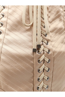 Beige satin corset with diagonal quilting and cream lace-up straps featuring silver metal eyelets by dolce &amp; gabbana