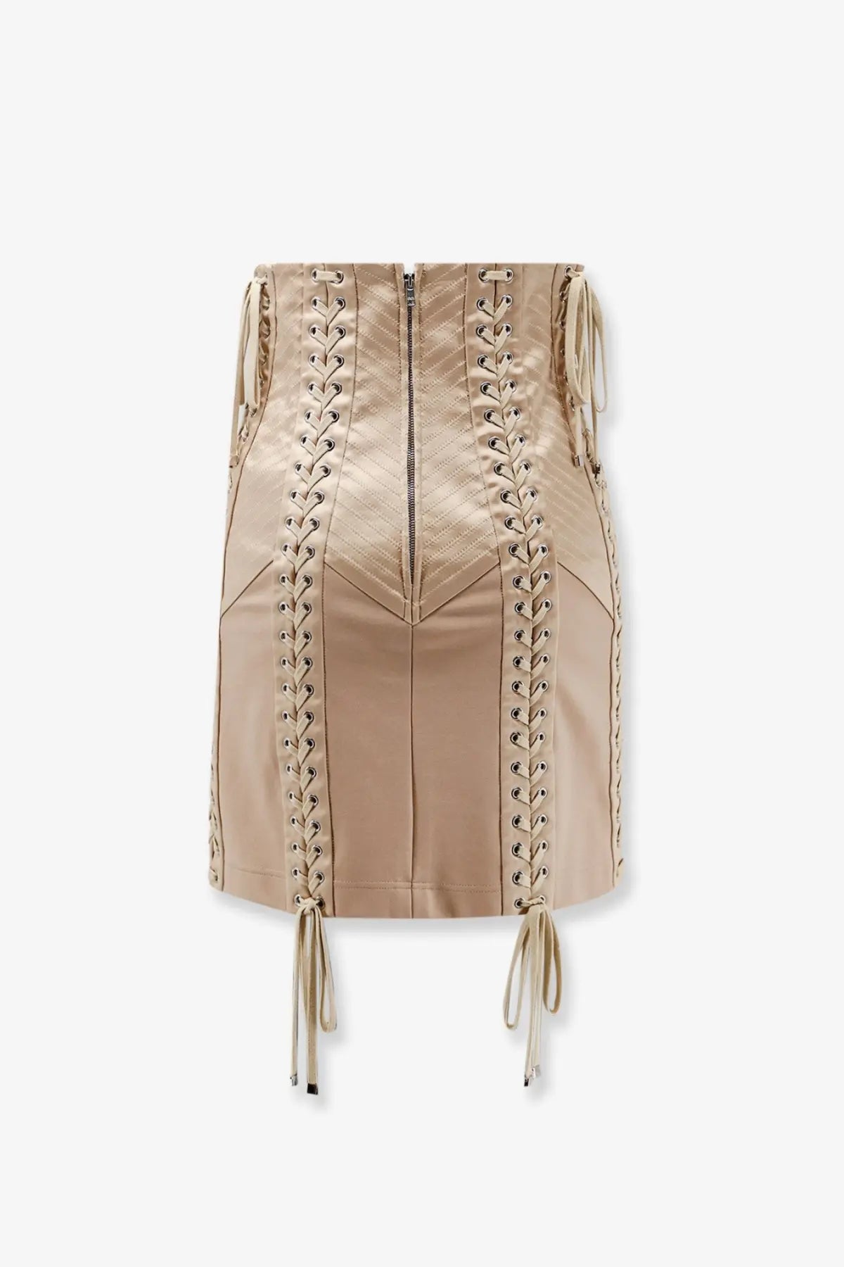 Beige dolce and gabbana women’s mini skirt in shiny satin with a corset-style lace-up front and matching ties
