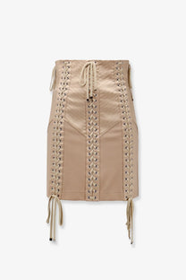 Dolce &amp; Gabbana women’s beige satin mini skirt with lace-up front and side ties in shiny satin material