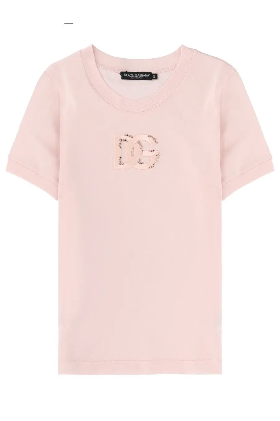 Dolce &amp; Gabbana women’s soft pink t-shirt with sparkling dg logo appliqué on the chest