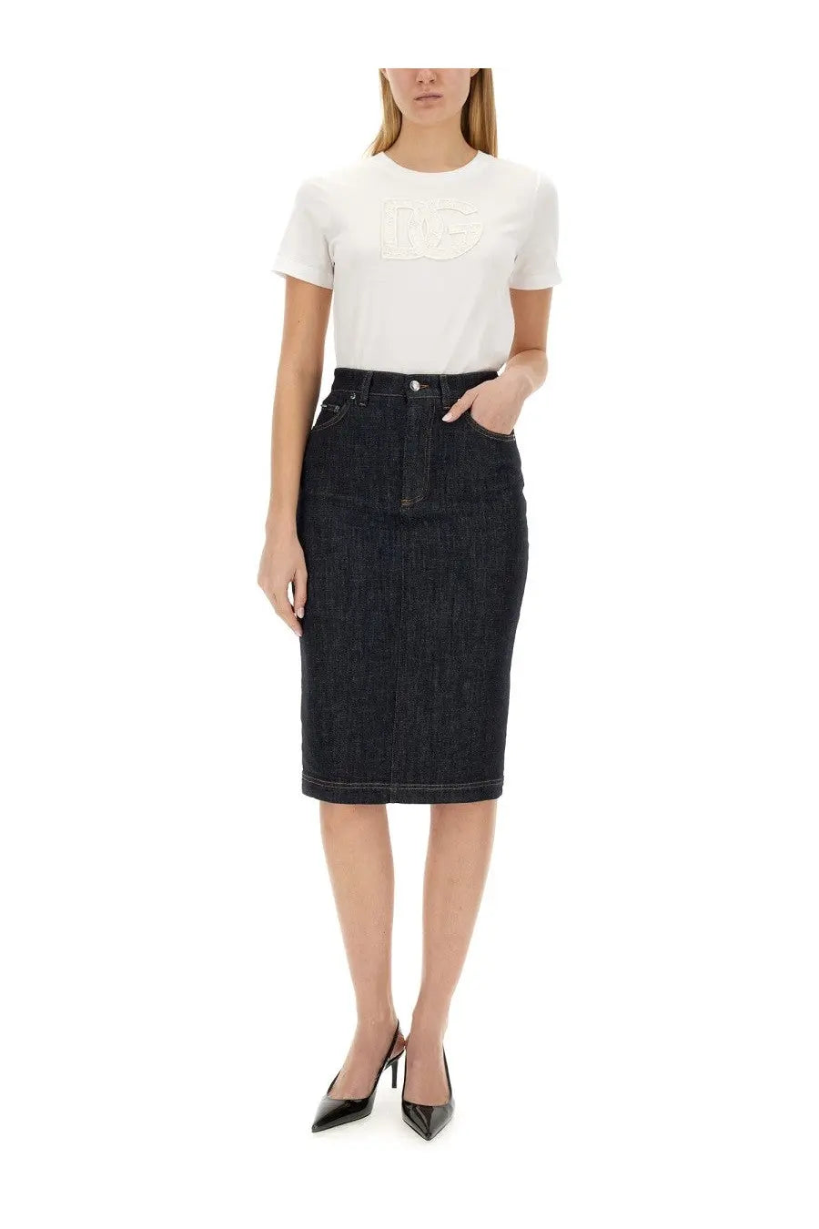 Dark denim pencil skirt with straight hem and classic five-pocket design paired with dolce &amp; gabbana women’s white shirt
