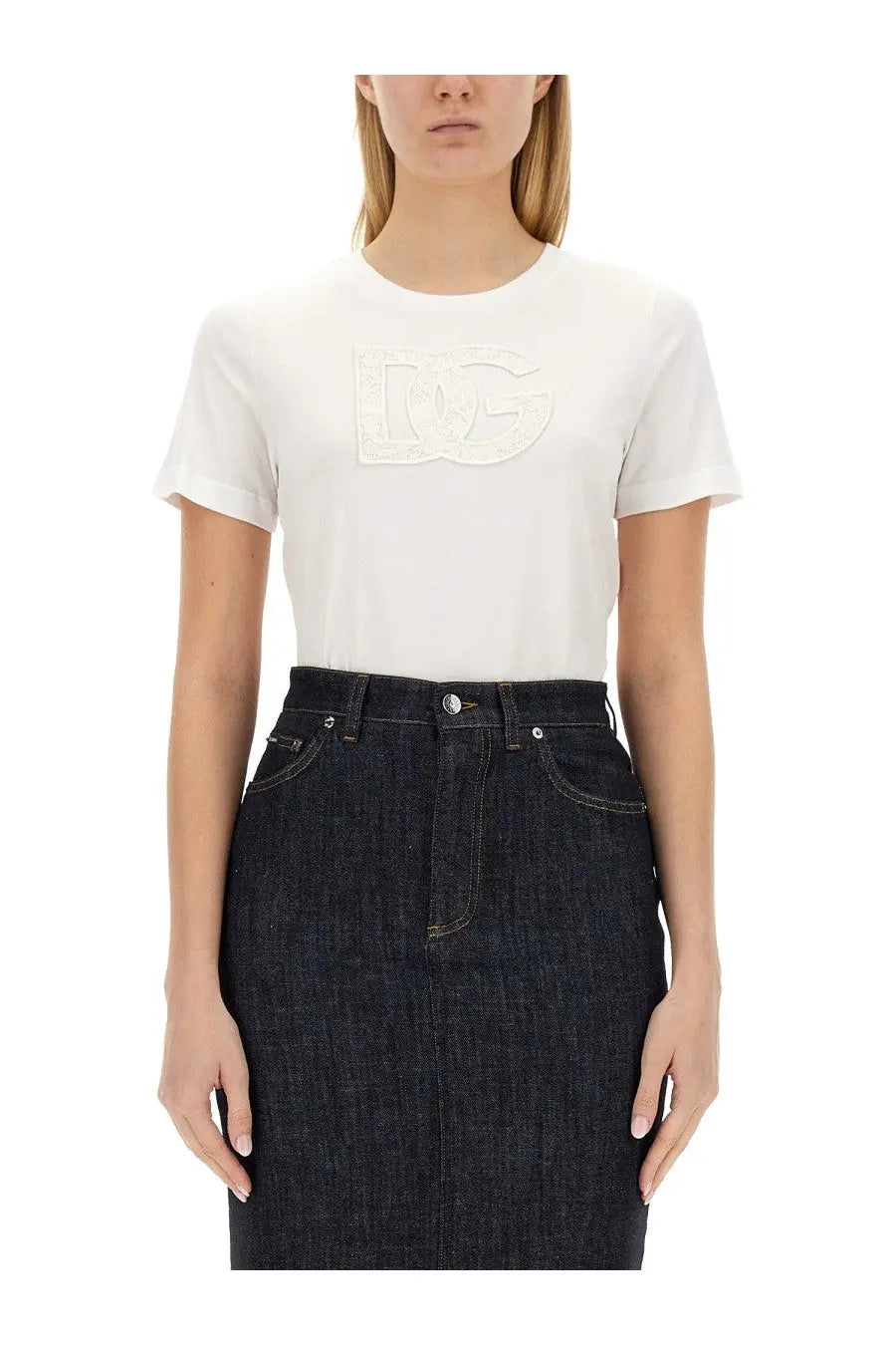 Dolce &amp; Gabbana women’s white cotton t-shirt with raised textured dg logo on the chest
