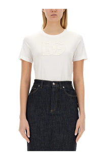 Dolce &amp; Gabbana women’s white cotton t-shirt with raised textured dg logo on the chest