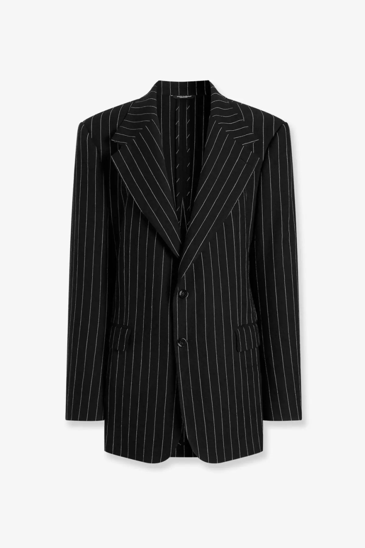 Dolce &amp; Gabbana women’s Sicilia black pinstripe wool and linen blend blazer with white vertical stripes and tailored fit