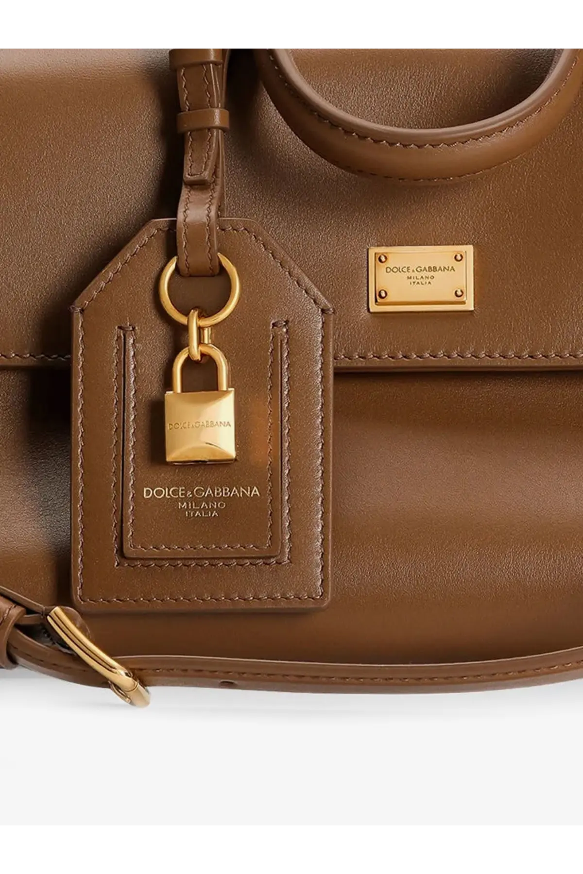 Brown leather Dolce &amp; Gabbana women’s My Sicily crossbody bag with gold-tone hardware and matching lock charm beige