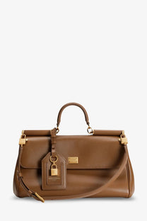 Brown leather dolce &amp; gabbana my sicily crossbody bag with gold-tone hardware and detachable shoulder strap beige