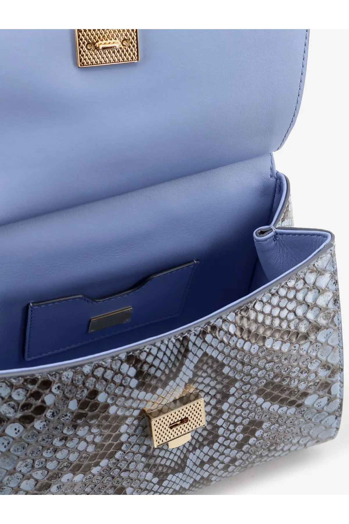 Dolce &amp; Gabbana women’s sicily python handbag in light blue snakeskin with gold hardware and navy interior