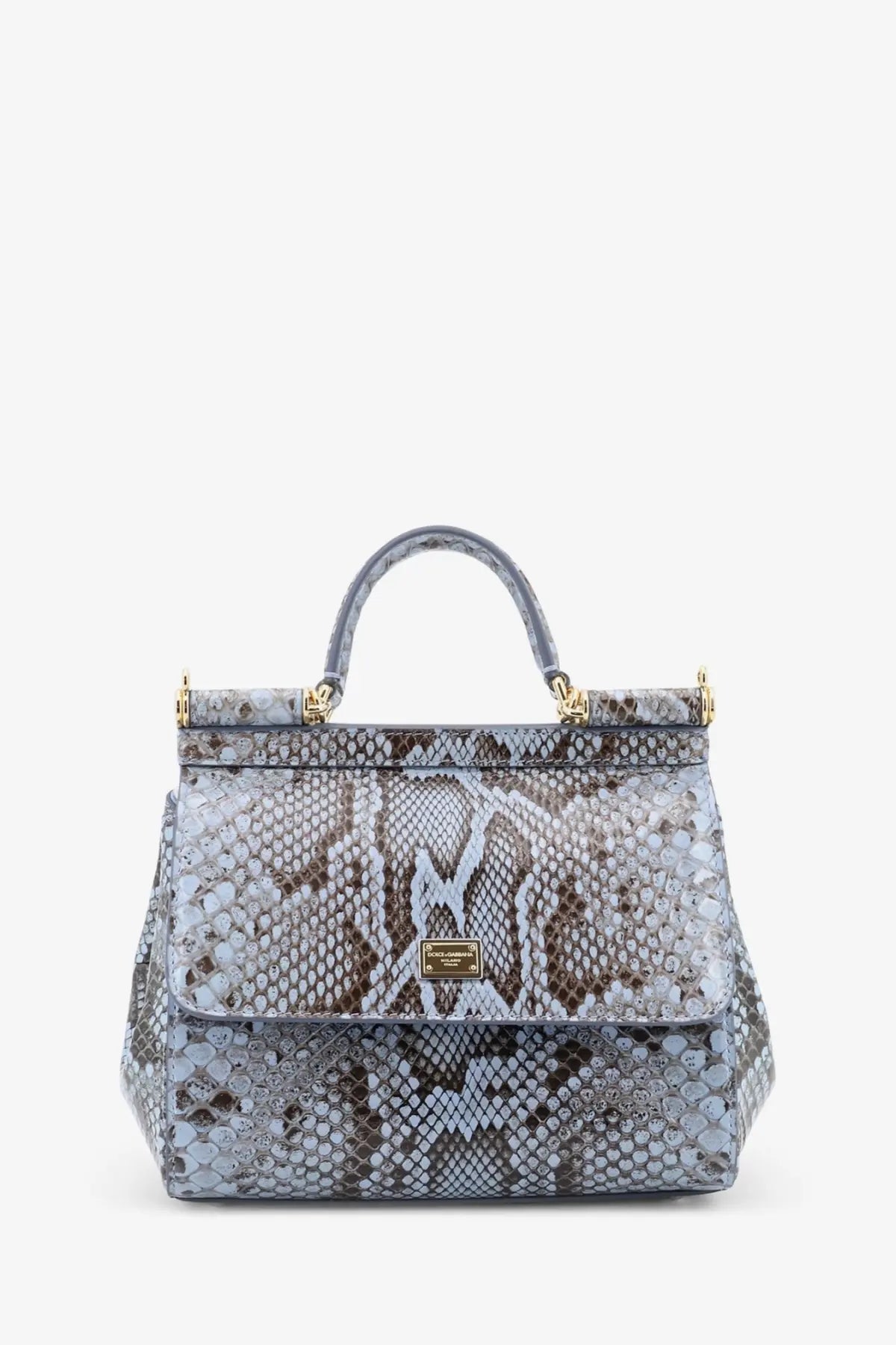 Dolce &amp; Gabbana women’s Sicily python handbag in gray and brown snake print with gold tone hardware