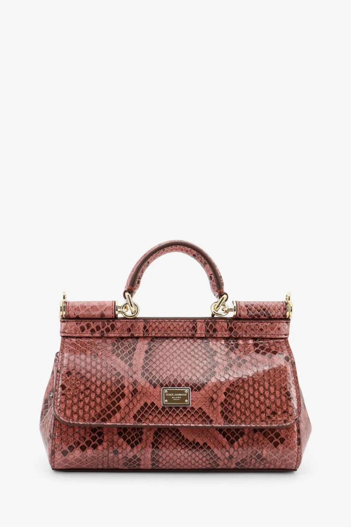 Dolce &amp; Gabbana women’s Sicily shiny python mini handbag in dusty rose with glossy snake skin texture and gold hardware