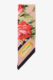 Dolce &amp; Gabbana women’s pink silk bandeau with red rose green leaf pattern black stripes and gold-tone label