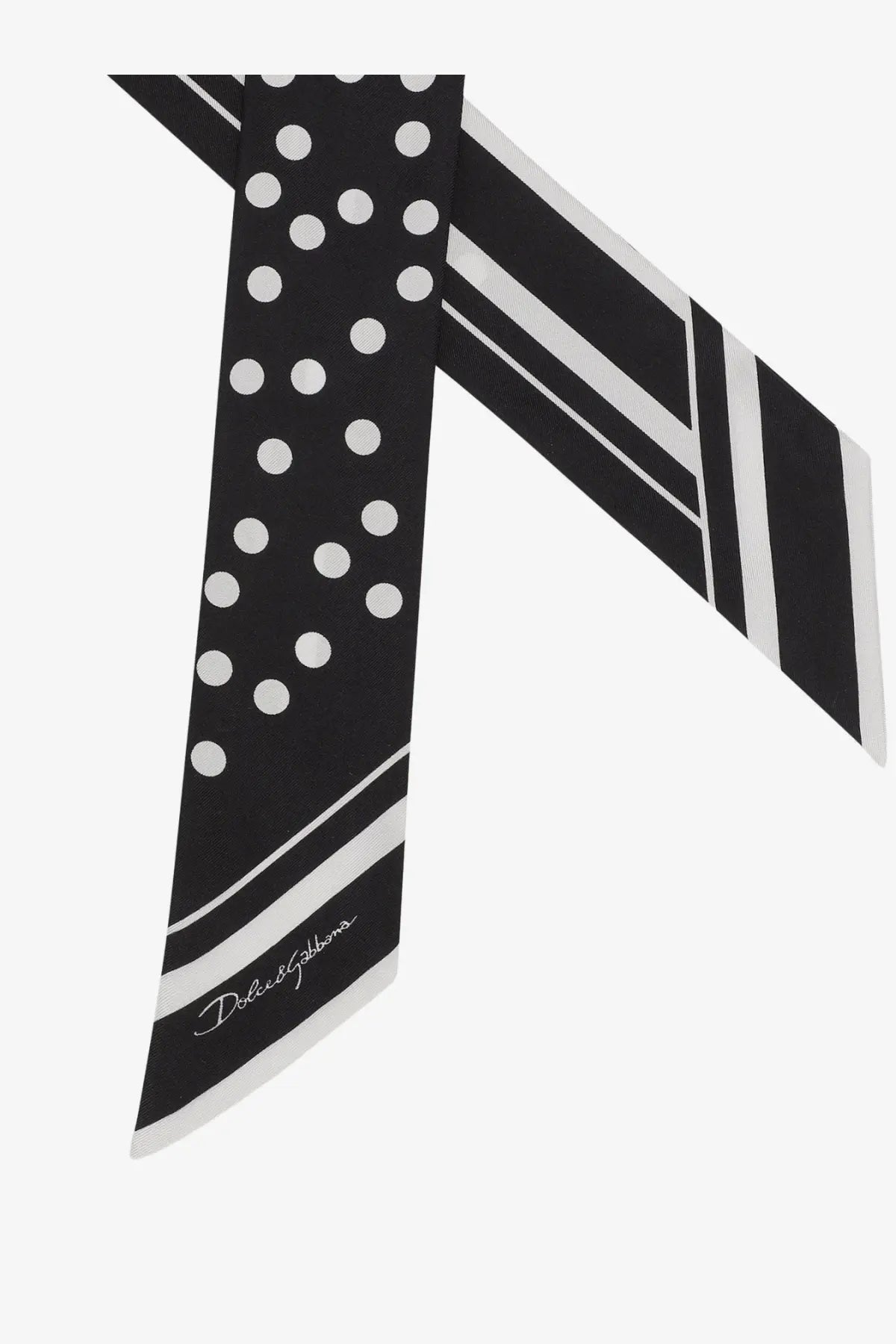 Dolce &amp; gabbana women’s black silk bandeau scarf with white polka dots striped pattern and signature logo