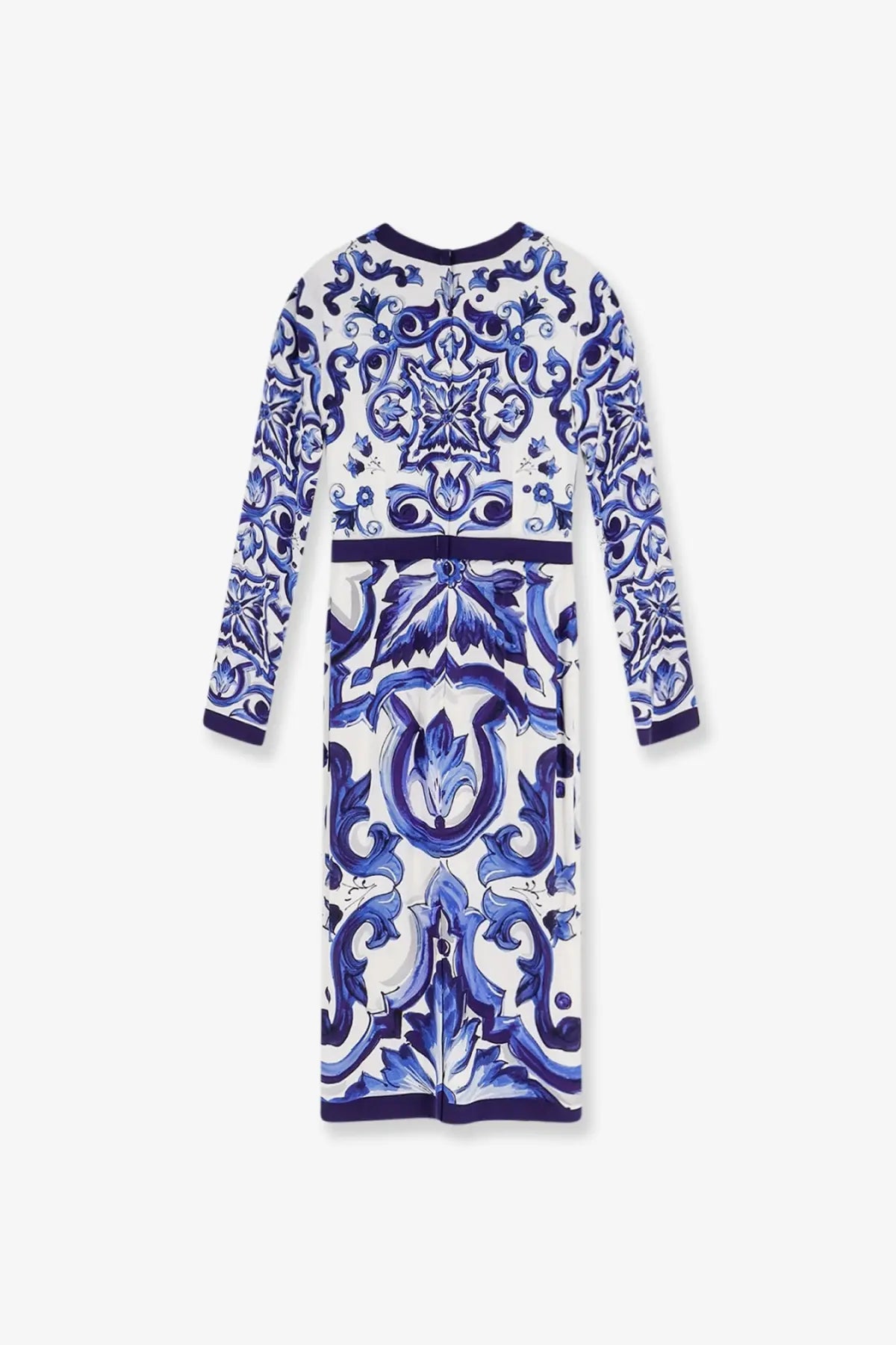 Dolce &amp; Gabbana women’s blue silk blend long-sleeved dress with white floral and geometric patterns and dark trim