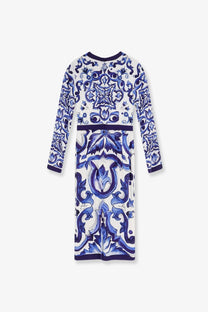 Dolce &amp; Gabbana women’s blue silk blend long-sleeved dress with white floral and geometric patterns and dark trim