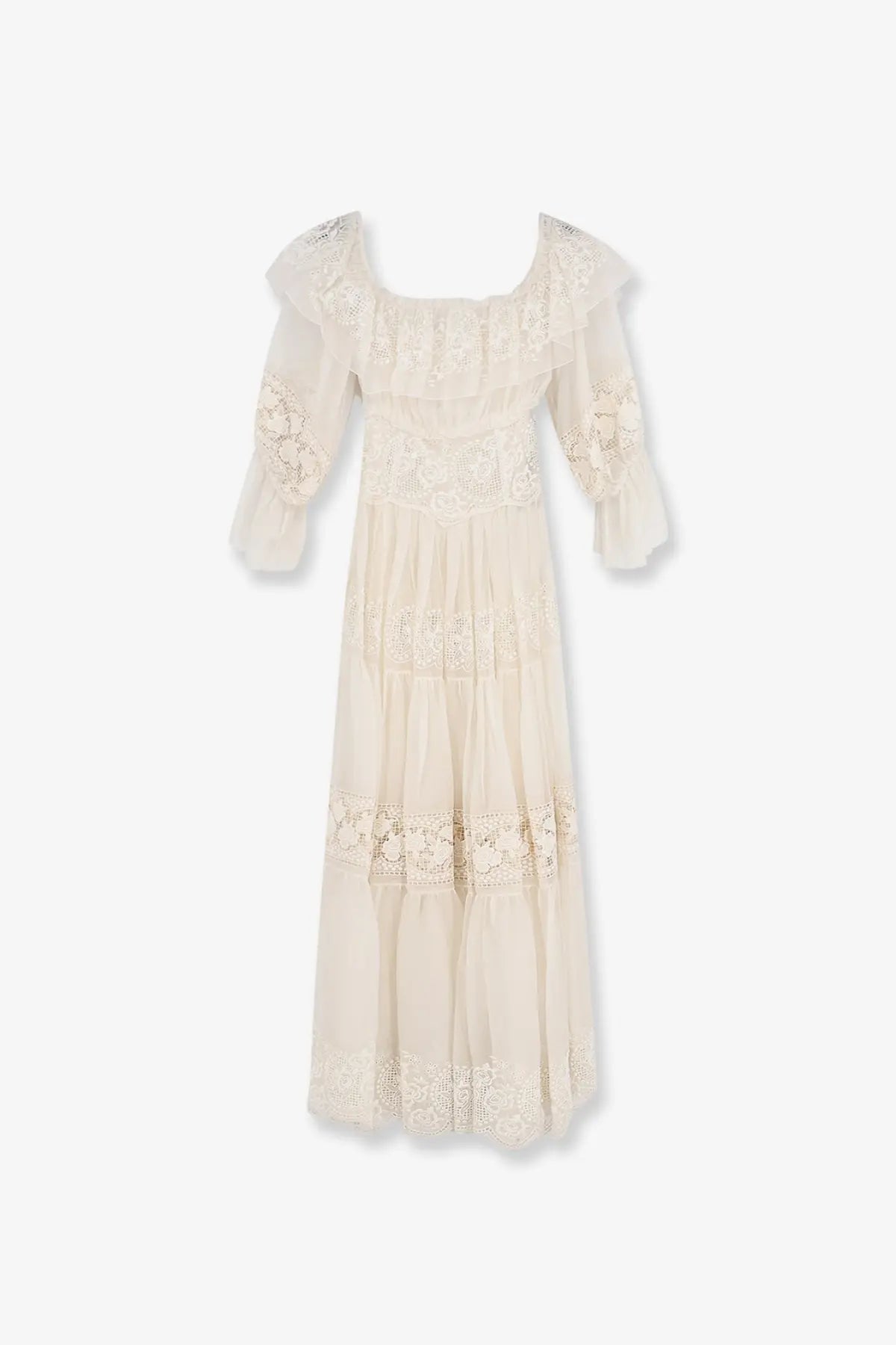Dolce &amp; Gabbana women’s off-white silk blend lace dress with ruffled sleeves and tiered layers