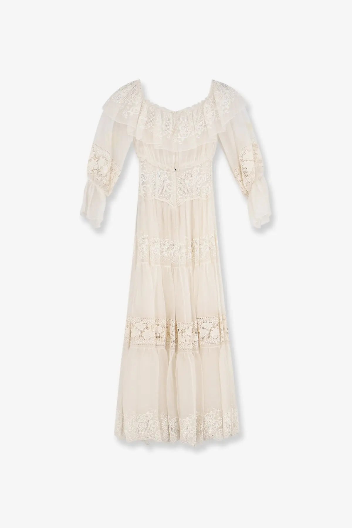 Dolce &amp; Gabbana women’s off-white silk blend dress with delicate lace sheer puff sleeves and tiered ruffles