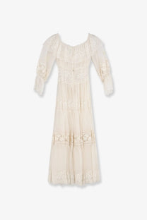 Dolce &amp; Gabbana women’s off-white silk blend dress with delicate lace sheer puff sleeves and tiered ruffles