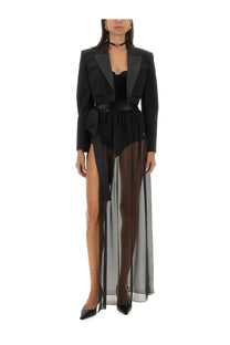 Dolce gabbana women’s black silk chiffon long skirt with sheer overlay and high slit satin blazer detail