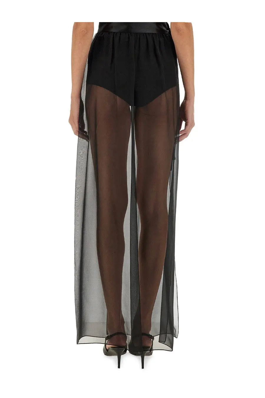 Dolce and gabbana women’s black silk chiffon long skirt with high waisted sheer overlay trousers and pleated design