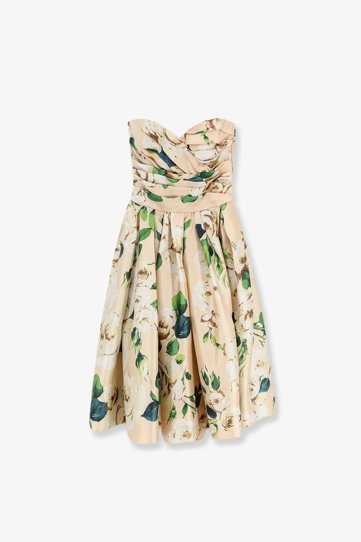 Dolce &amp; Gabbana women’s strapless beige floral silk dress with ruched bodice and flared skirt