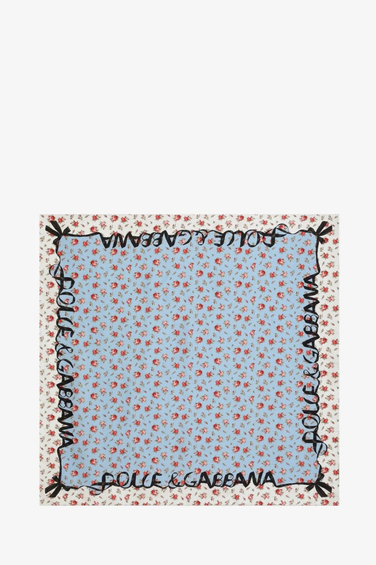 Dolce and Gabbana women’s light blue silk foulard with red floral pattern and black script branding along edges