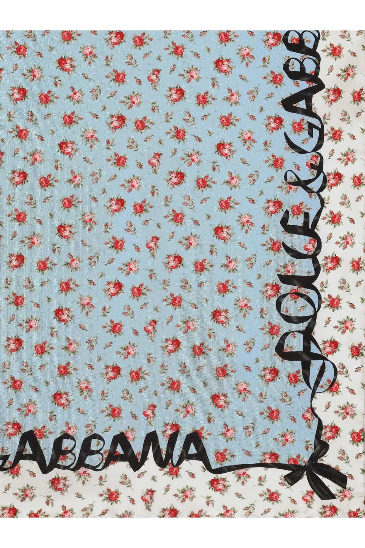 Dolce &amp; Gabbana women’s light blue silk foulard with small red roses and bold black brand script along the edges
