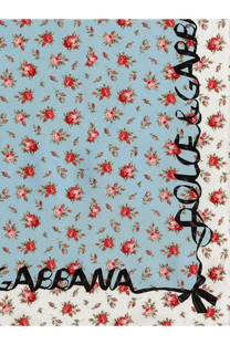 Dolce &amp; Gabbana women’s light blue silk foulard with red rose pattern and black cursive logo along edges