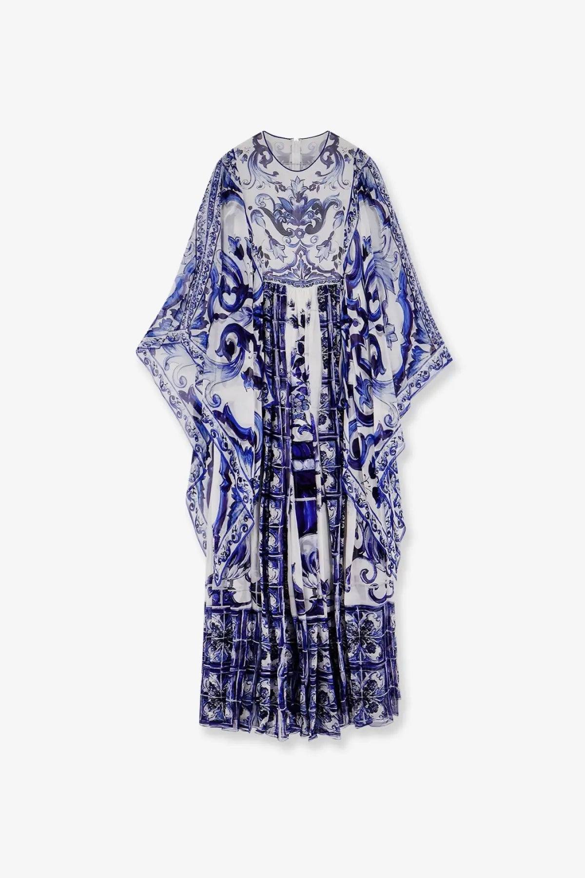 Dolce &amp; Gabbana women’s silk long dress in blue and white porcelain tile print with intricate swirling patterns