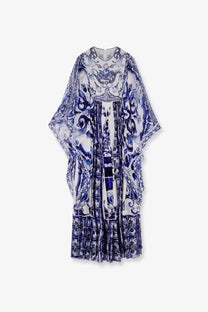 Dolce &amp; Gabbana women’s silk long dress in blue and white porcelain tile print with intricate swirling patterns