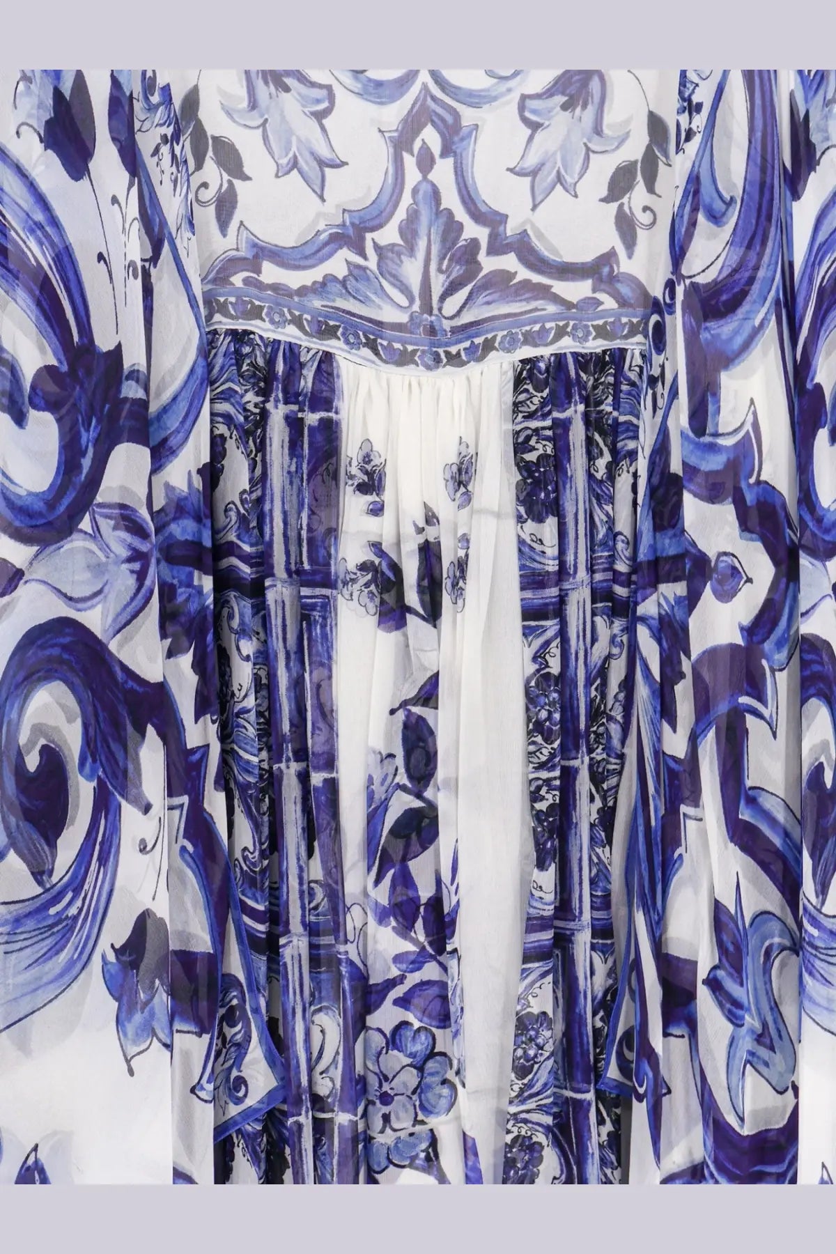 Dolce &amp; Gabbana women’s silk long dress in white with blue and purple floral ceramic tile patterns