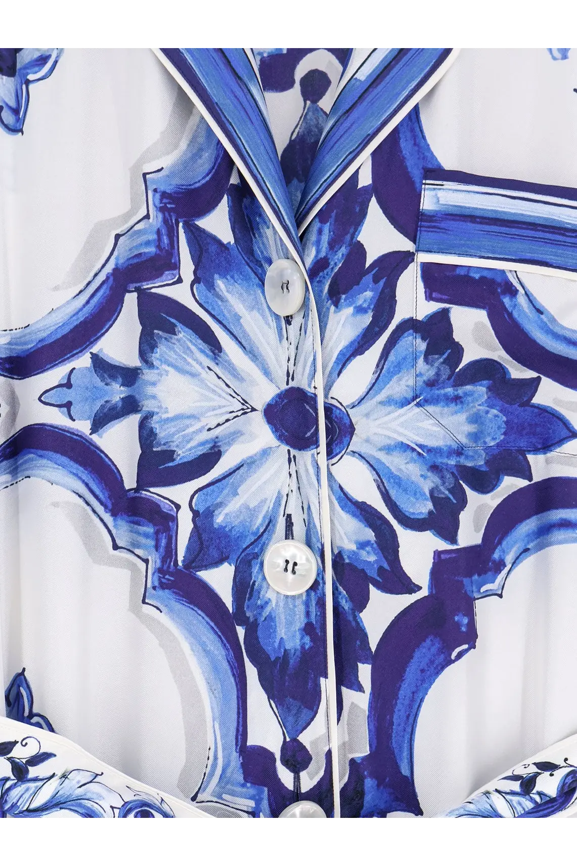 Dolce &amp; Gabbana women’s silk long dress in white with intricate blue floral porcelain tile pattern and matching buttons