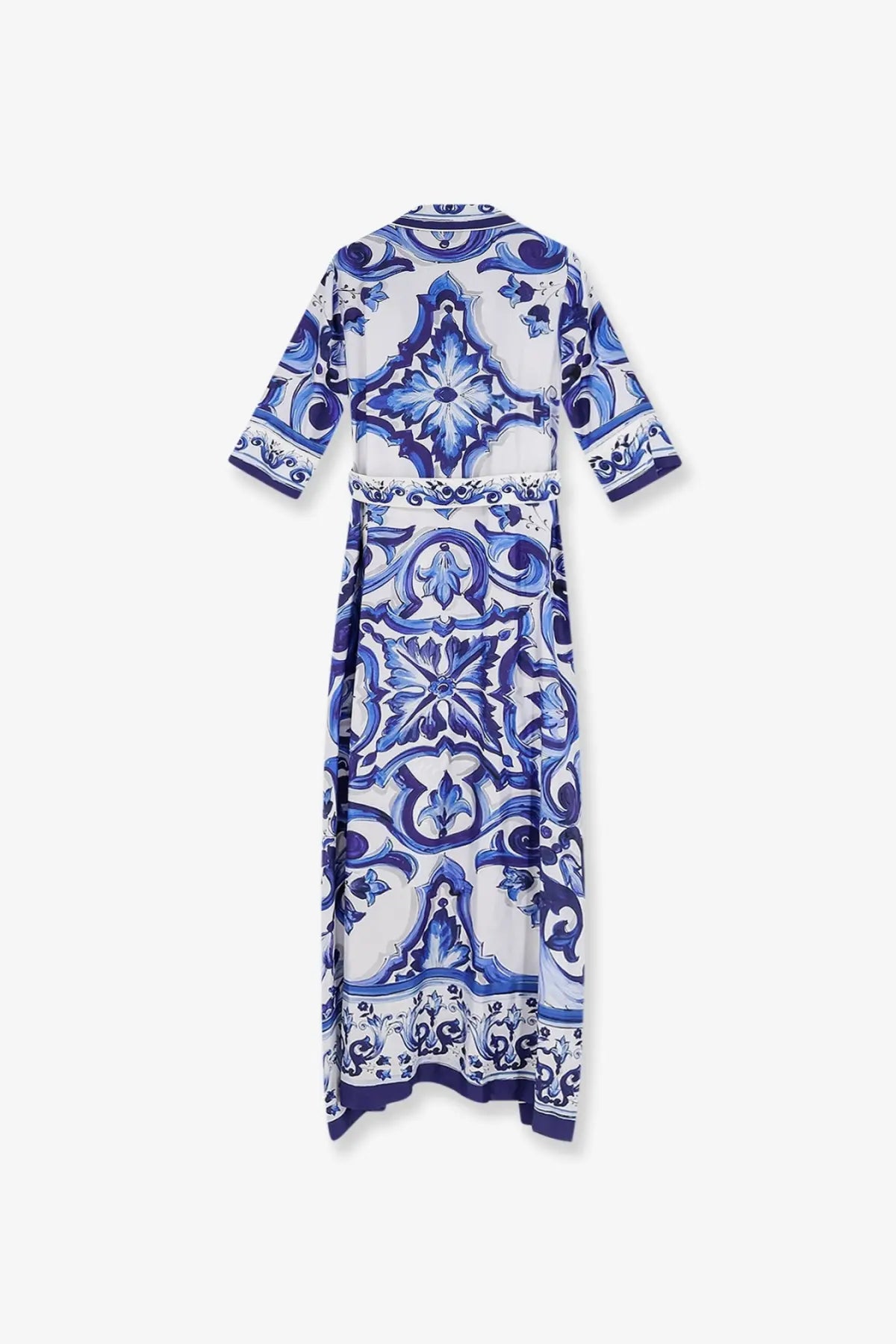 Dolce &amp; Gabbana women’s silk long dress blue with white and blue floral geometric patterns and a belted waist