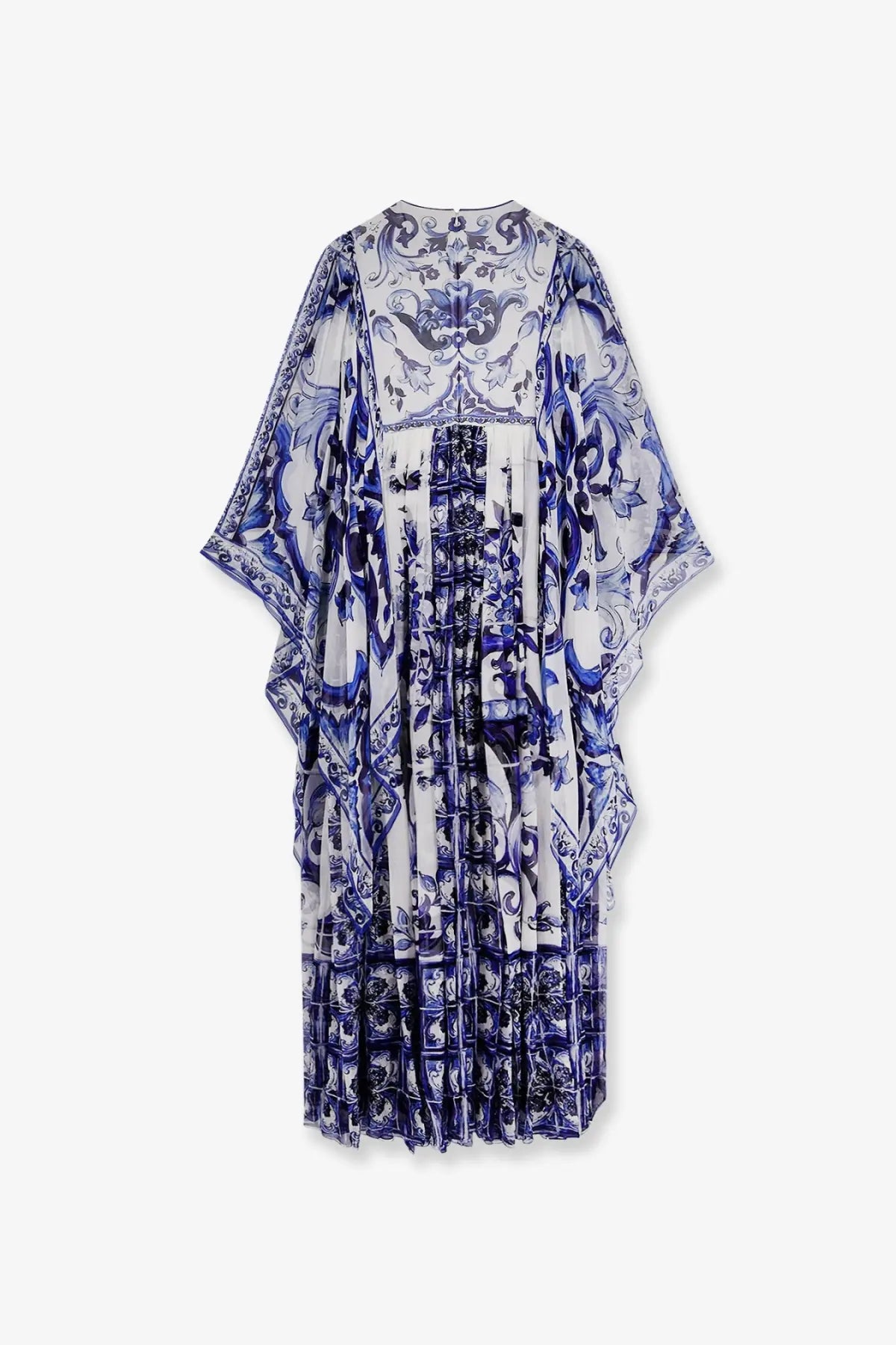 Dolce &amp; Gabbana women’s silk long dress in white and blue with intricate porcelain-inspired patterns