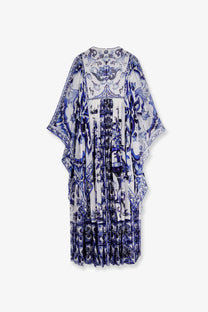Dolce &amp; Gabbana women’s silk long dress in white and blue with intricate porcelain-inspired patterns