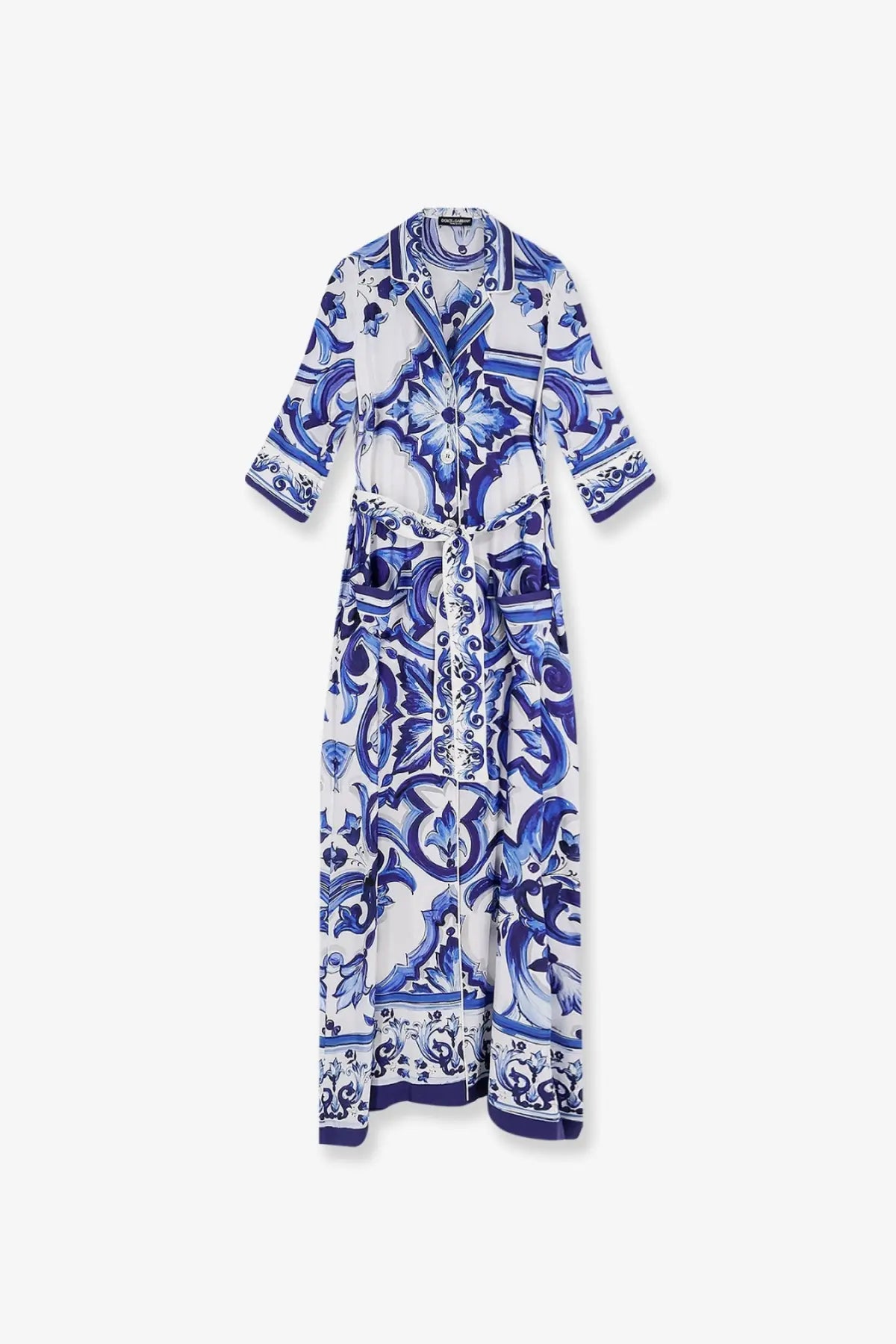 Dolce &amp; Gabbana women’s blue and white silk long dress with collar button front and tied waistband pattern