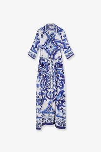 Dolce &amp; Gabbana women’s blue and white silk long dress with collar button front and tied waistband pattern